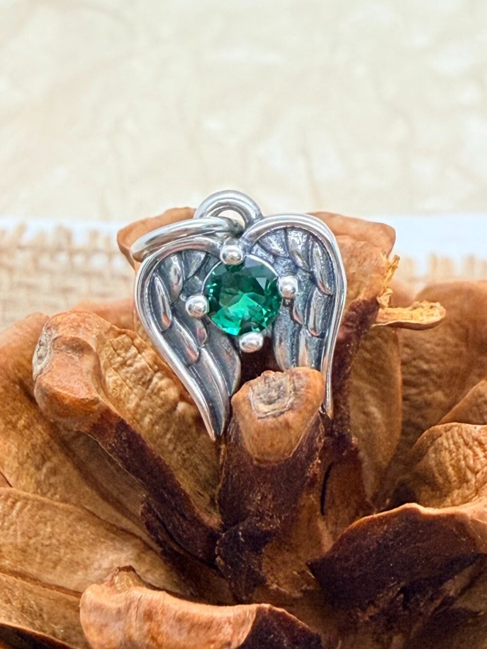James Avery Emerald Angel Wings Birthstone Charm Sterling Silver Green